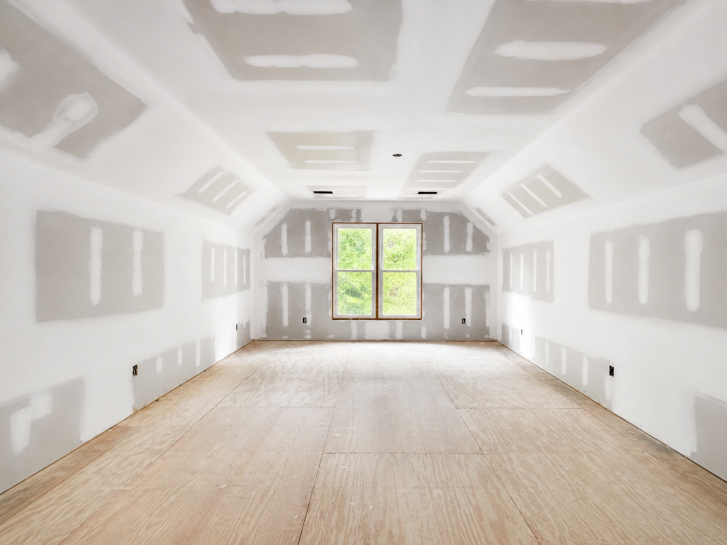 New cathedral ceiling drywall finished smooth and ready for paint