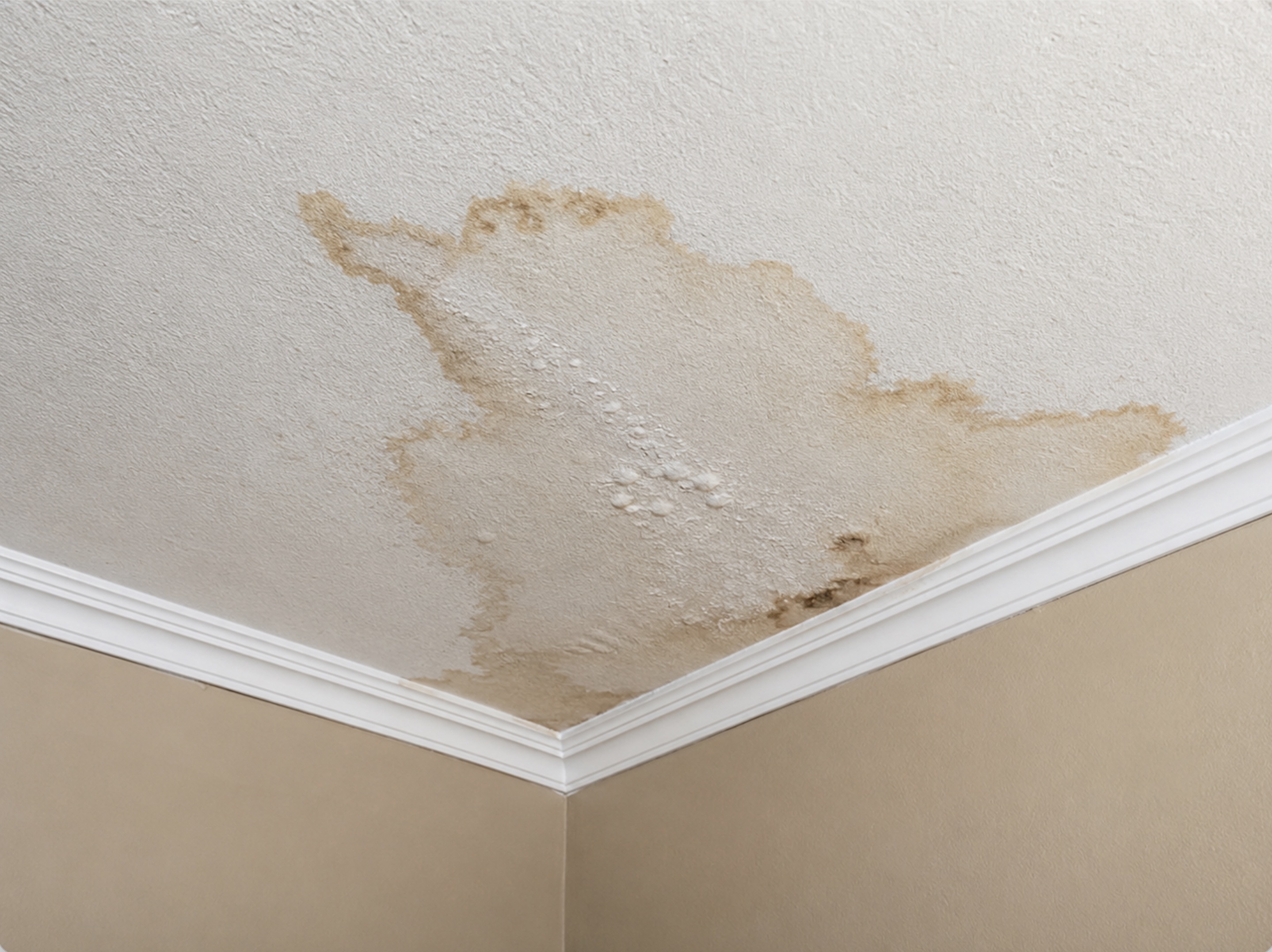 Textured ceiling in a room corner with a large brown water stain and bubbling paint along the crown molding